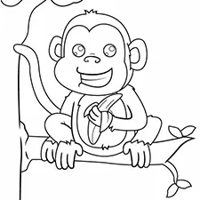 Monkey Eating Banana Coloring Page B&W