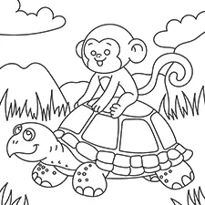 Monkey Riding A Turtle Coloring Page