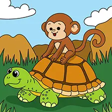 Monkey Riding A Turtle Coloring Page