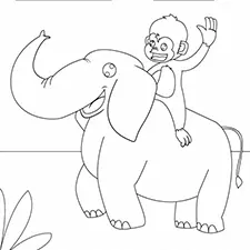Monkey With Elephant Coloring Page B&W