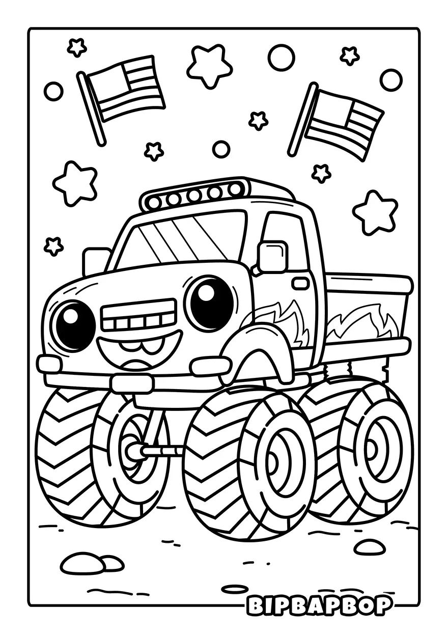 a monster truck with a fire design and american flags and stars