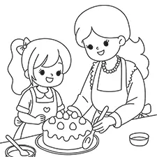 Mother And Daughter Decorating A Cake Coloring Page