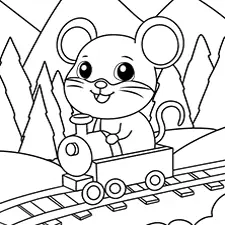 Mouse Riding A Toy Train Coloring Page B&W