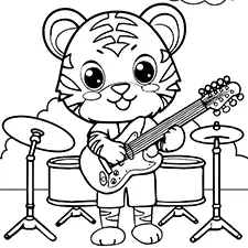 Musician Tiger Coloring Page Black & White