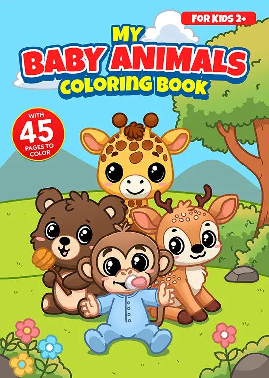 A group of cute baby animals including a baby monkey with a pacifier in its mouth, a baby bear, a baby deer and a baby giraffe with the title my baby animals coloring book