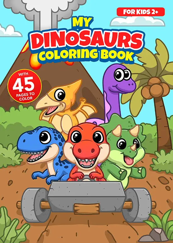 A group of dinosaurs including a t-rex, velociraptor, triceratops, pterodactyl and brontosaurus in a prehistoric car with a volcano erupting in the background for my dinosaurs coloring book