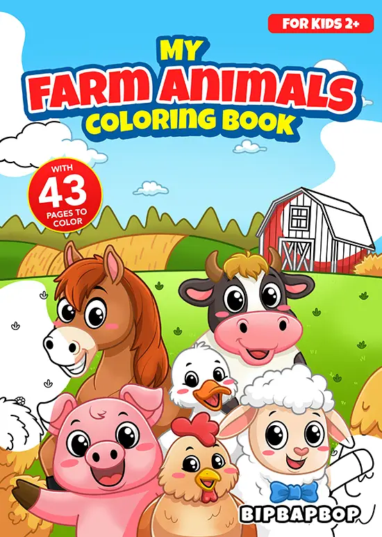 a group of farm animals including a horse, pig, cow, duck, chicken and sheep standing in front of a barn with the title my farm animals coloring book