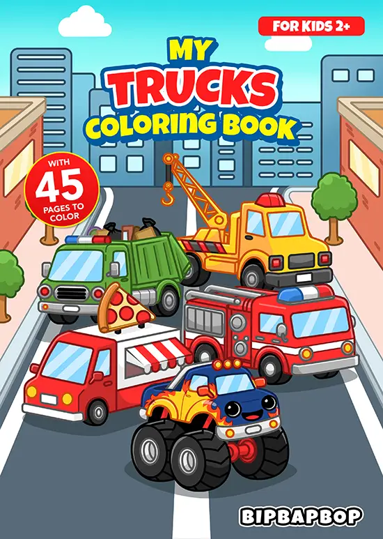 A group of trucks including a monster truck, a food truck, a fire truck, a garbage truck and a pick-up truck with the title my trucks coloring book