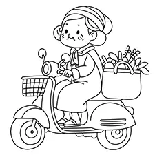 Old Lady With Groceries On A Motorcycle Coloring Page