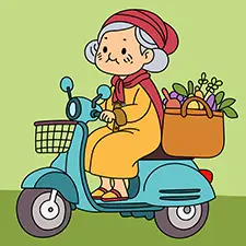 Old Lady With Groceries On A Motorcycle Coloring Page