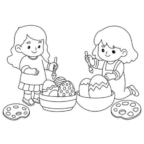 Kids Painting Easter Eggs Coloring Page