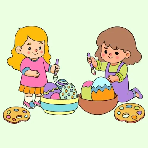 Kids Painting Easter Eggs Coloring Page