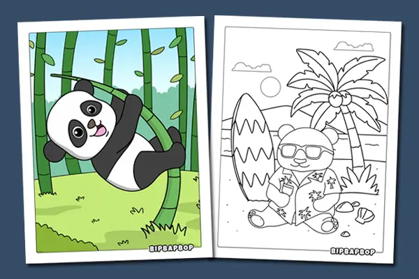 Panda Coloring Pages - fun printables for kids including a panda climbing bamboo and a panda at the beach