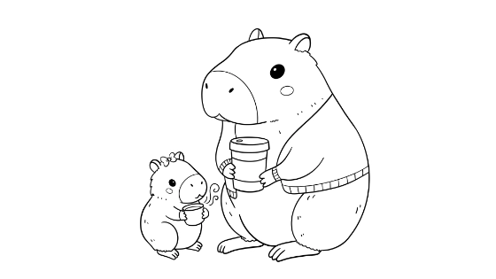 Papa Capybara and Baby Capybara Coloring Page