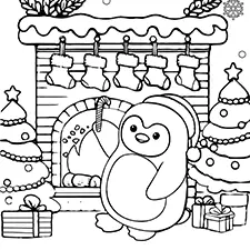 Penguin & Christmas Stockings Coloring Page Black & White