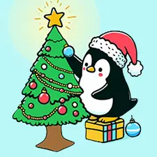 Penguin & Christmas Tree Coloring Page