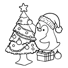 Penguin & Christmas Tree Coloring Page Black & White