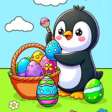 Penguin & Easter Eggs Coloring Page