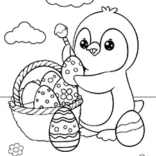 Penguin & Easter Eggs Coloring Page Black & White