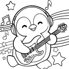 Penguin Playing Guitar Coloring Page Black & White