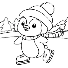 Penguin Ice Skating Coloring Page Black & White