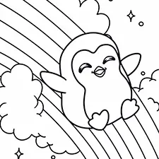 Penguin & Rainbow Coloring Page Black & White