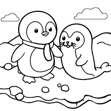 Penguin & Seal Coloring Page Black & White