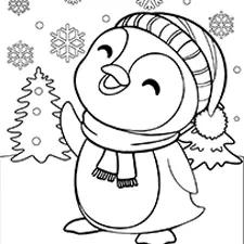 Penguin & Snowflakes Coloring Page Black & White