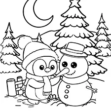 Penguin Building A Snowman Coloring Page Black & White