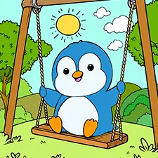 Penguin On A Swing Coloring Page