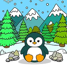 Penguin In A Winter Forest Coloring Page