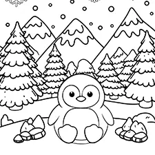 Penguin In A Winter Forest Coloring Page Black & White