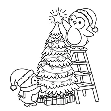 Penguins Decorating A Christmas Tree Coloring Page