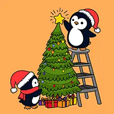 Penguins Decorating A Christmas Tree Coloring Page