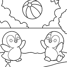 Penguins Playing Volleyball Coloring Page Black & White