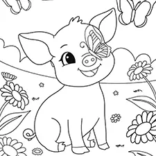 Pig With Butterflies Coloring Page Black & White