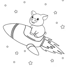 Pig Flying On Rocket Coloring Page B&W