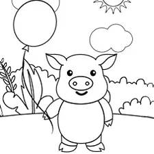 Pig Holding A Balloon Coloring Page Black & White