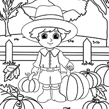 Pilgrim Boy With Pumpkins Colouring Pages Black & White