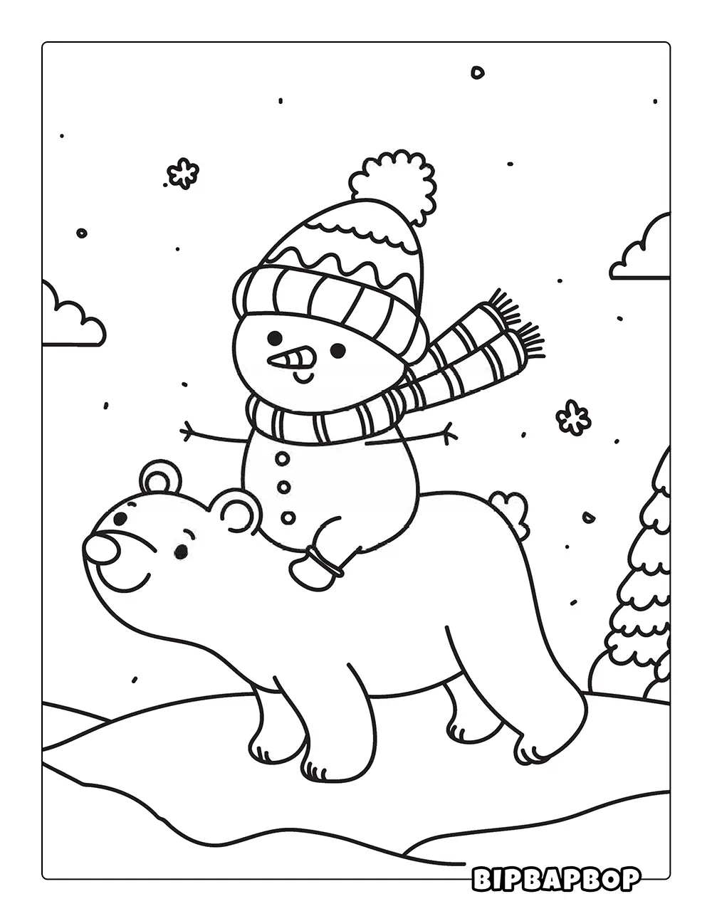 Snowman Riding Polar Bear Coloring Page