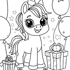 Pony With Balloons & Presents Coloring Page Black & White