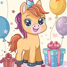 Pony With Balloons & Presents Coloring Page