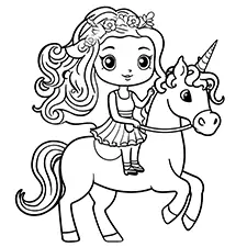 Princess Riding Unicorn Coloring Page Black & White