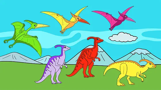 Pterodactyls Flying Past Parasaurolophus Coloring Page Color
