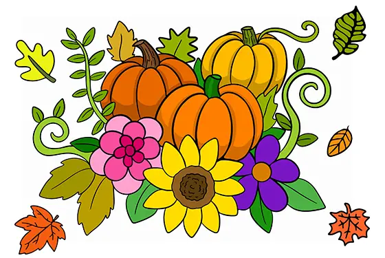 Pumpkins & Flowers Coloring Page