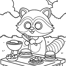 Raccoon At The Barbecue Coloring Page Black & White