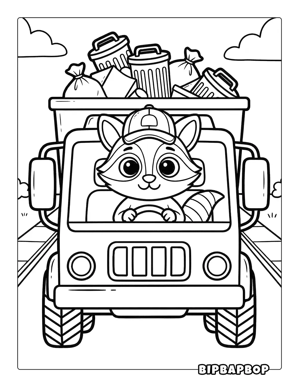 Raccoon Driving Garbage Truck Coloring Page