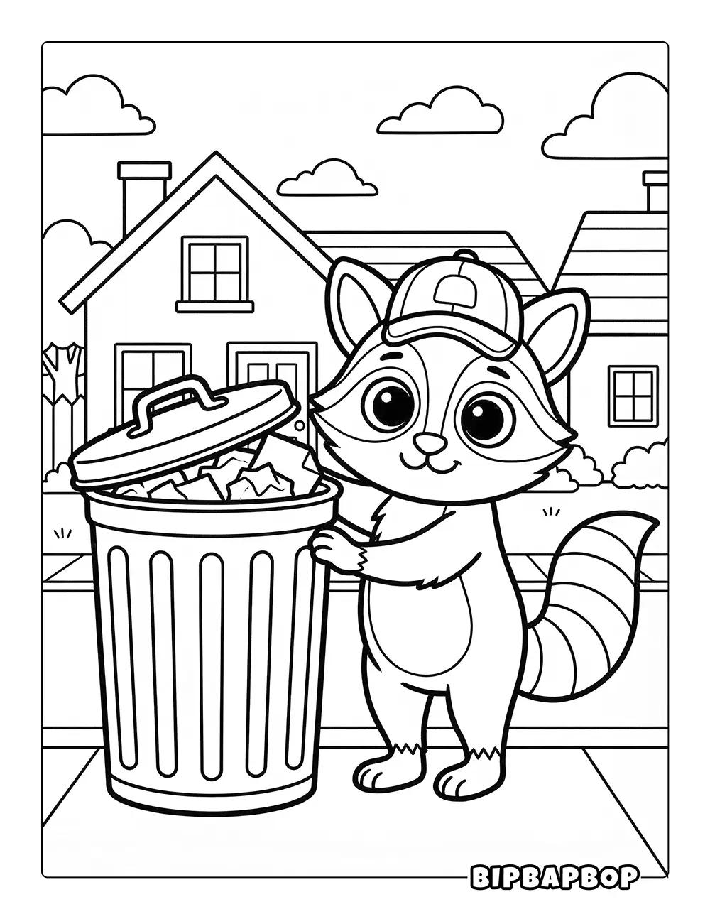 Raccoon With Trash Can Coloring Page