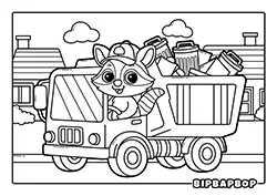 a raccoon driving a garbage truck