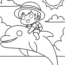 Kid Riding A Dolphin Coloring Page Black & White